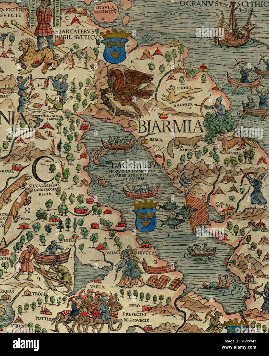 . Englisch: von http://upload.wikimedia.org/wikipedia/commons/e/ea/Carta Marina.jpeg abgeschnitten. 1539. Olaus Magnus 86 Bjarmaland, Carta Marina Stockfoto