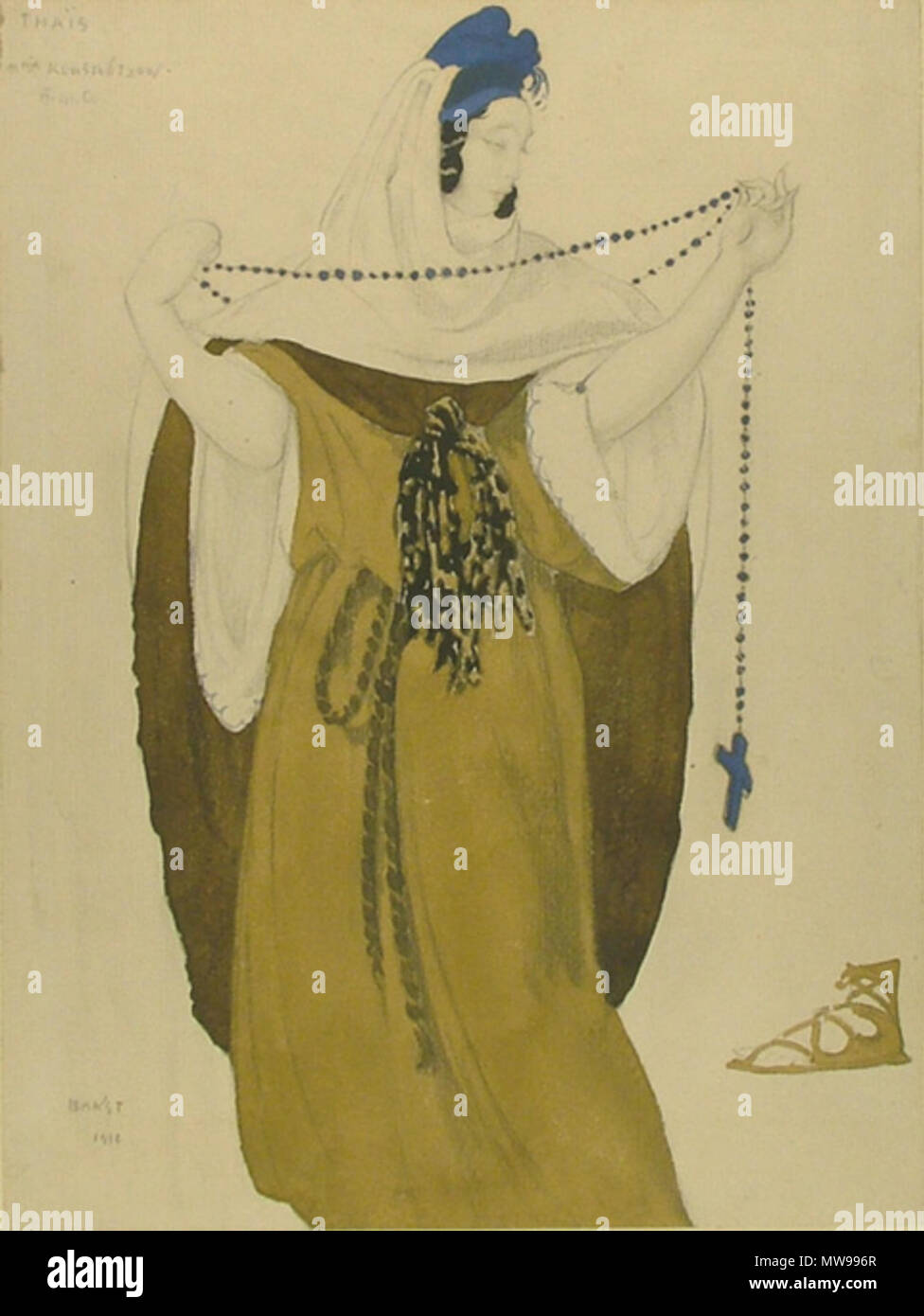 . Set Design für Thamar Léon Bakst (1866 - 1924) Design für Mme Kuznetsova das Kostüm im Gesetz III von "Thamar', 1910 Salmina-Haskell (1989) 5. Körperfarbe und Graphit auf Creme Bütten. Blatt: 277 x 207 mm. Signiert und datiert unten Links in Graphit: BAKST/1910; in Graphit links oben bezeichnet: THÄIS/mme Kousnétzow. /III acte das Ashmolean Museum, Oxford. Von Michail Vasil'evich Braikevitch, 1949; WA 1949.373 vermachte. 20. Bakst 591 Thamar durch L. Bakst, 04. Stockfoto