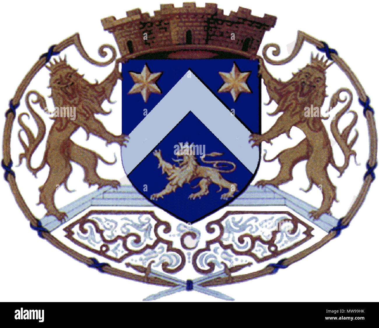 . Français: Blason d'Azur au Chevron d'Argent, accompagné en chef de deux étoiles d'or à sechs raies, d'un Lion léopardé du même armé basieren, lampassé et couronné d'Argent. Symbolique de la Zusammensetzung: - Le Blason est Aux Armes de riche Finanzier Paul Poisson de Bourvallais. - La Couronne à trois Tours rappelle les armes de La Marquise de Pompadour qui loua le Château. - Les Deux léopards lionnés sind empruntés Aux armes du Duc de La Vallière. - Les Deux épées sind Celles qui dans les armes du Maréchal de Marboeuf dont la veuve fut La Dernière propriétaitre du Château avant la révolution. 21 Septemb Stockfoto