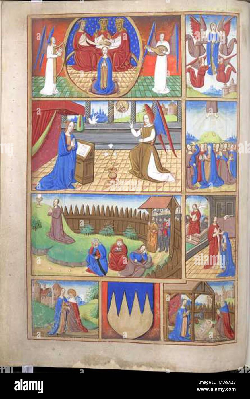 . Folio 15v aus einem Buch von Stunden. Dies ist ein erstaunlich groß und aufwändig beleuchteten Buch der Stunden, Kombination aus französischen und englischen Stil. Das erste Blatt enthält eine Liste von obits Mitglieder der königlichen Familie und des 4., 5., und 6. der Earls von Ormond für sich und ihre Frauen für sich, so dass es wahrscheinlich für Anne Boleyn Großvater gemacht wurde, Thomas Butler (1426-1515), 7th Earl von Ormond, oder ein Mitglied seiner Familie. Es wurde im frühen 16. Jahrhundert zu einer Kapelle an der uthwyke', vermutlich Southwick in Hampshire. Mit Blick auf den Beginn der Stunden der Jungfrau, die ganzseitige Miniatur kombiniert Szenen aus ihrem Leben (Ein Stockfoto