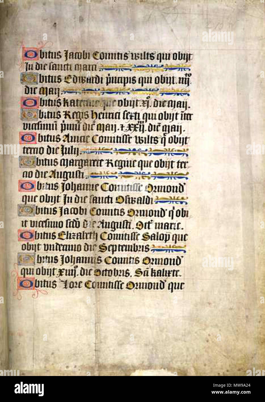 . Folio 2 recto aus einem Buch von Stunden, Liste der obits. Dies ist ein erstaunlich groß und aufwändig beleuchteten Buch der Stunden, Kombination aus französischen und englischen Stil. Das erste Blatt enthält eine Liste von obits Mitglieder der königlichen Familie und des 4., 5., und 6. der Earls von Ormond für sich und ihre Frauen für sich, so dass es wahrscheinlich für Anne Boleyn Großvater gemacht wurde, Thomas Butler (1426-1515), 7th Earl von Ormond, oder ein Mitglied seiner Familie. Es wurde im frühen 16. Jahrhundert zu einer Kapelle an der uthwyke', vermutlich Southwick in Hampshire. Die Liste der obits zu Beginn des Manuskripts ist im Kalender Reihenfolge angeordnet: Erste Stockfoto