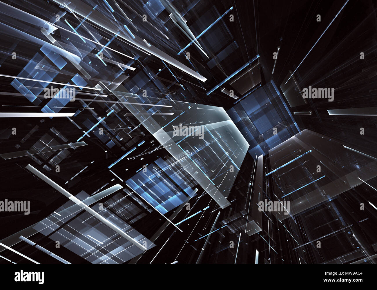 Abstrakte Zukunft Technologie Hintergrund - computergenerierte 3D-Bild. Fraktal Kunst: Glas Zimmer oder die Straße von surreal Stadt mit Licht Effekte. Hi-tech oder Stockfoto