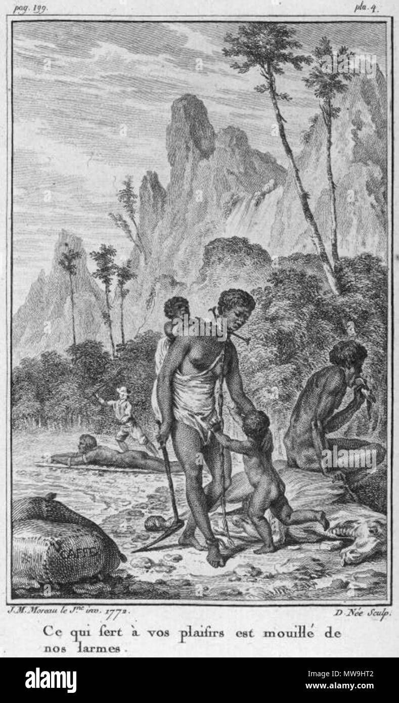 . Français: Illustration de Jean-Michel Moreau du Voyage a l'Isle de France de Bernardin de Saint-Pierre, 1773. 1773. Jean-Michel Moreau, dit Moreau le Jeune. 119 ce qui sert Eine vos Plaisirs est Mouille de nos Larmes Stockfoto
