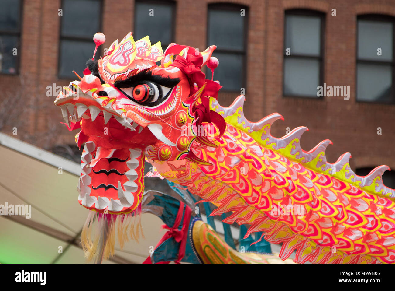 Chinesisches Neues Jahr Drachen, wie es durch die Straßen für die Feierlichkeiten zum Chinesischen Neuen Jahr in Manchester, Großbritannien getanzt Stockfoto