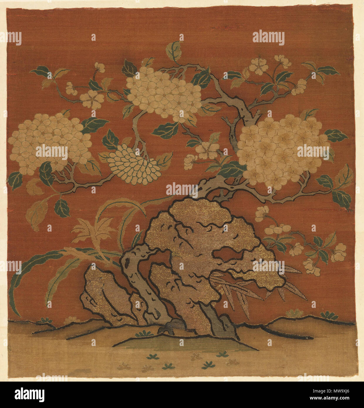 . Englisch: Chinesische K'o-Ssu-Arbeit mit Blumen und einem Felsen im Garten. Maßnahmen 16 x 15 cm. (40,6 x 38,7 cm). 14. Jahrhundert. Unbekannt 211 Blumen und Garten Rock Stockfoto