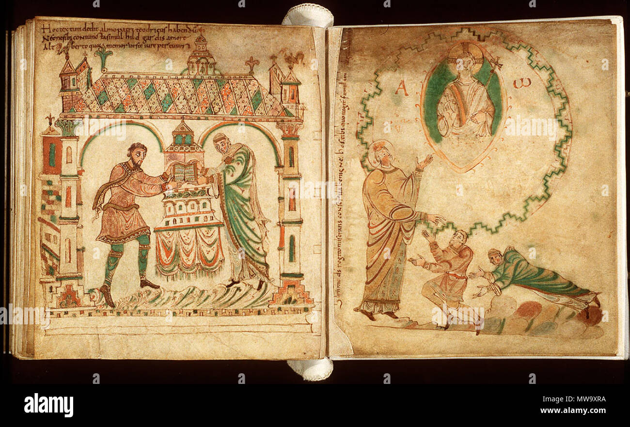 . Englisch: Fol. 214 V und 215 r des Egmond Evangelien. Dirk II. und seiner Frau Hildegard Präsentation der Codex in die St-Adelbert-Abtei und die gleichen paar Flehen um St Adelbert ihren Fürsprecher mit Christus. Nederlands: Evangeliarum van Egmond. Reims, kwart derde negende Eeuw. Eerste afbeelding van Mensen uit wat nu Nederland ist. Rond 975 kwam het Boek in bezit van Dirk II van Holland, sterben er een kostbare versierde Band om Liet zetten. Hij gaf Het vervolgens zehn Geschenke aan de Abdij van Egmond. Bij sterben gelegenheid Liet hij twee Miniaturen toevoegen, sterben de schenking vastleggen. Op de linker afbee Stockfoto