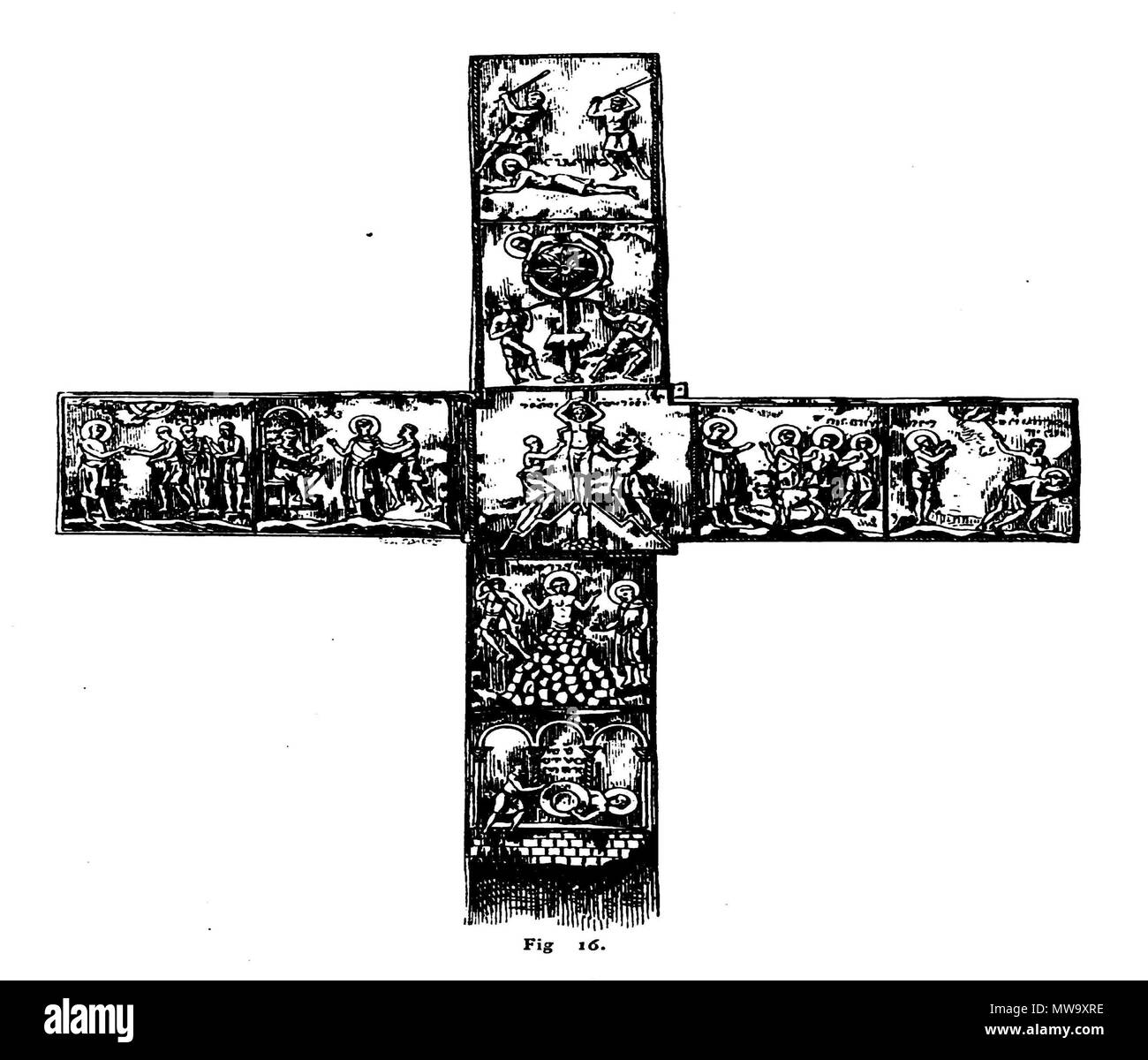 . Englisch: ein silbernes Kreuz mit St. George's Martyrium Szenen aus der Kirche St. Georg in Seti (Mestia), Swaneti (Bernoville, 1875: S. 137, Abb. 16). 1875. Tomaszkiewicz EX 147 Kreuz mit St. George's Martyrium Szenen aus swanetien (Bernoville, 1875) Stockfoto