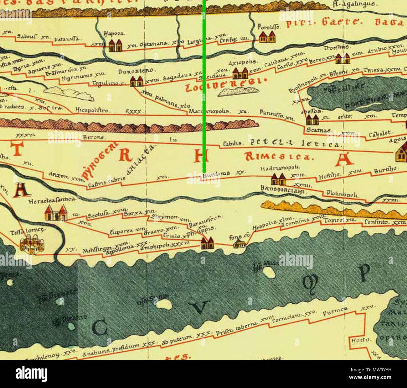 . Englisch: Ausschnitt aus Tabula Peutingeriana, 1-4 Jh. CE. Faksimile-ausgabe von conradi Millieri, 1887/1888; die grüne Linie auf der Karte zeigt die Tabula Peutingeriana Plätze in modernen Bulgarien; auf der Karte: Burdenis oder Burdipta; in modernen Bulgarien: Stadt Momkovo English: Ausschnitt aus der Tabula Peutingeriana; Orte und Stationen auf der Tabula Peutingeriana im heutigen Bulgarien; die grüne Linie auf der Karte zeigt: Burdenis oder Burdipta; im heutigen Bulgarien: Stadt Momkowo Български: Изрез от Места Пойтингеровата карта; на Пойтингеровата карта намиращи се в днешна зелената линия на България; Stockfoto