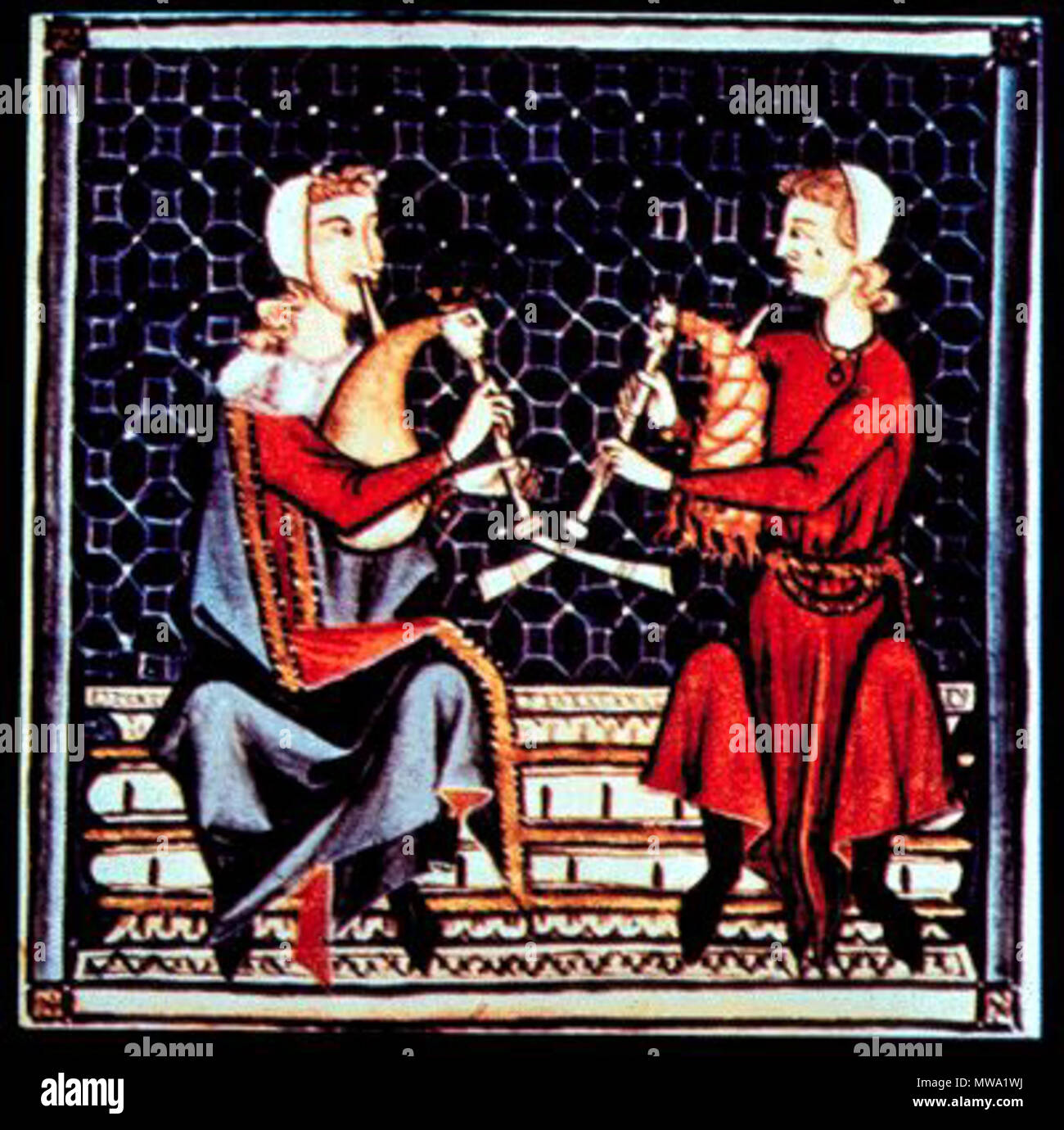 . Abbildung von Cantigas de Santa Maria Manuskript. Die Cantigas de Santa Maria (Lieder der Jungfrau Maria) sind Manuskripte in Galician-Portuguese geschrieben, mit Noten, während der Herrschaft von Alfonso X El Sabio (1221-1284) und sind eine der größten Sammlungen von monophon (Solo) Lieder aus dem Mittelalter. . Unbekannt 110 Cantiga Dudelsack 2 Stockfoto