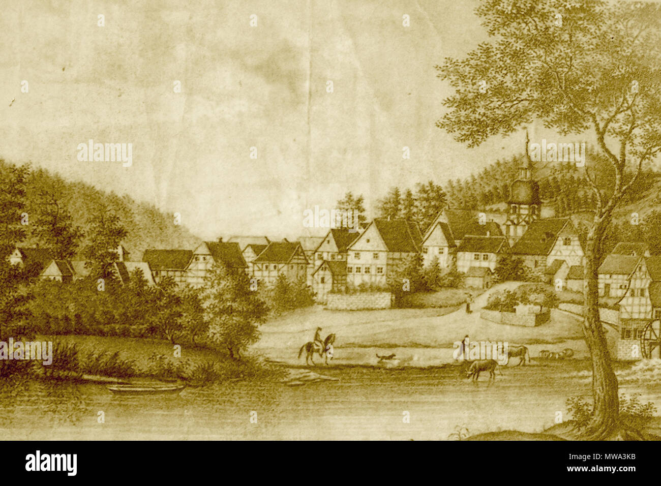 . Deutsch: Die Ortslage von Sallmannshausen, Werramühle und Frankfurt; Werraflößer. ca. 1820. (Unbekannt) 6 1820 Sallmannshausen Stockfoto