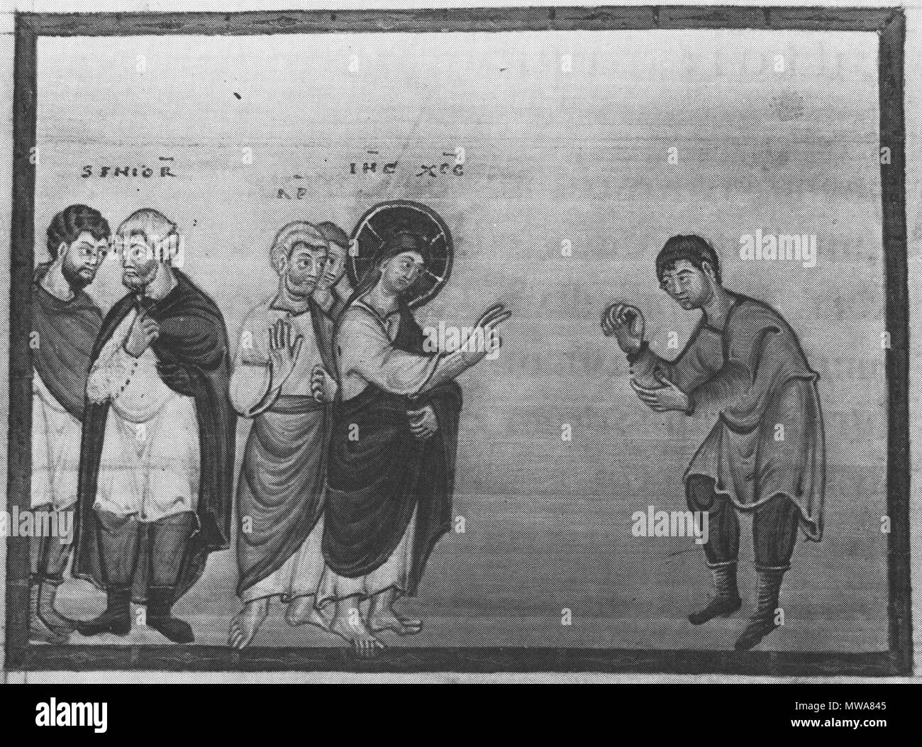 . Englisch: die Heilung des Menschen, der die verdorrte Hand English: Heilung des Mannes mit der verdorrten Hand. Bildtexte: Senioren, APOSTOLI, IHC XRC. English: zwischen 980 und 993 n. Chr. . Unbekannt 137 Codex Egberti-Fol 023v-HealingOfTheManWithTheWitheredHand Stockfoto