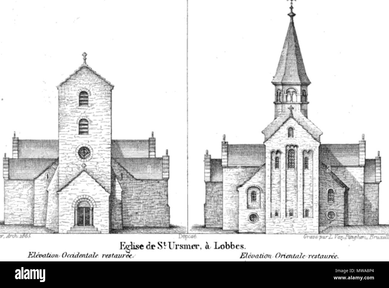 138 Collégiale Saint-Ursmer de Lobbes - Fassaden occidentale et Orientale Stockfoto
