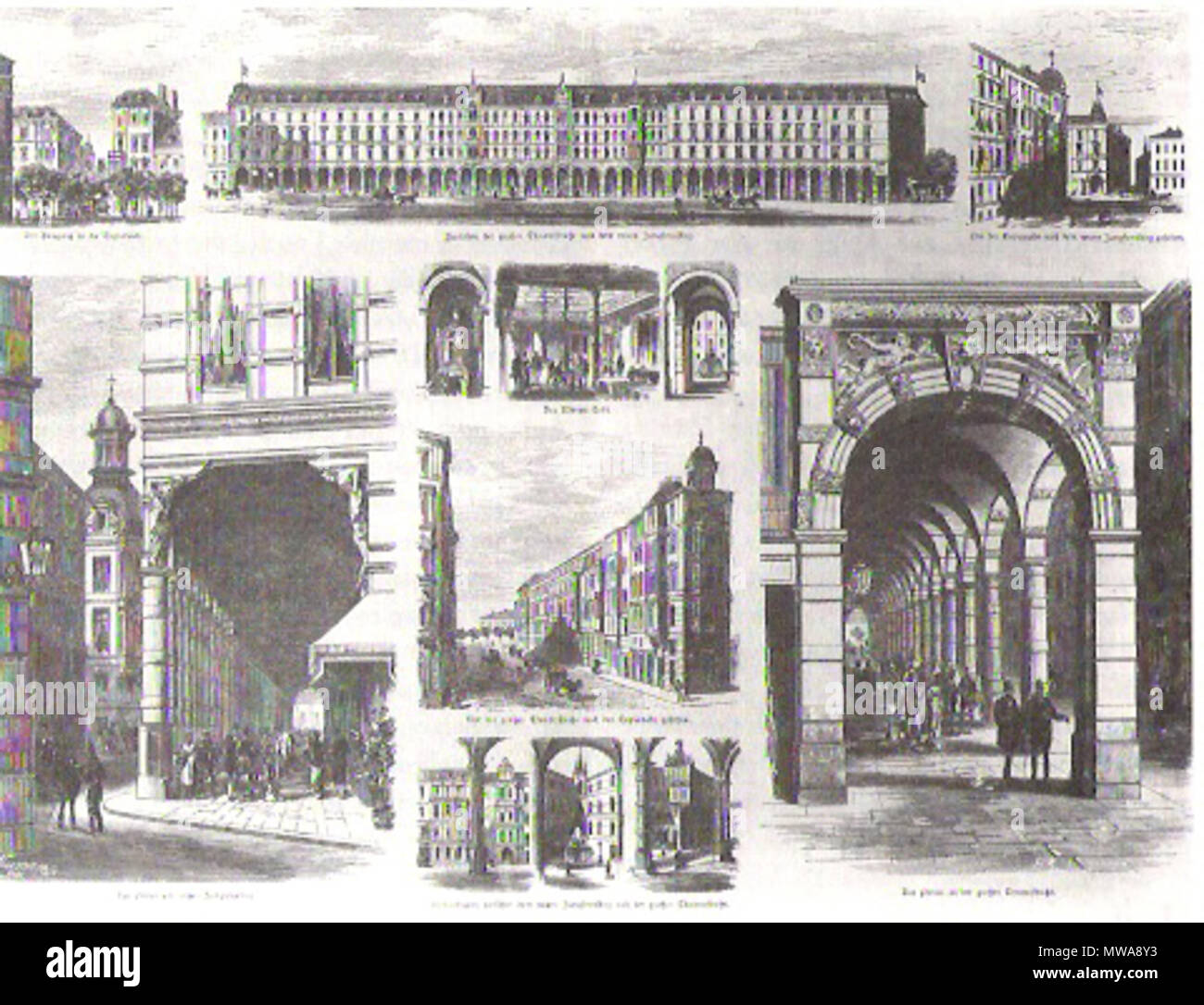 . Darstellung der Colonnaden in der Hamburger Neustadt in der Allgemeinen Illustrirten Zeitung im Jahr 1880. Erstveröffentlichung in der "Allgemeinen Illustrirten Zeitung" 1880.. Unbekannt 138 Colonnaden in Hamburg-Neustadt Stockfoto