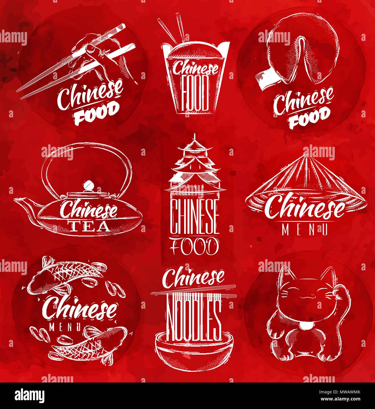 Satz von Symbolen Symbole chinesisches Essen im Retro-stil Schriftzug chinesische Nudeln, Glück, Katze, chinesischen Tee, Stäbchen, Fortune Cookies, Chinese takeout Box i Stock Vektor