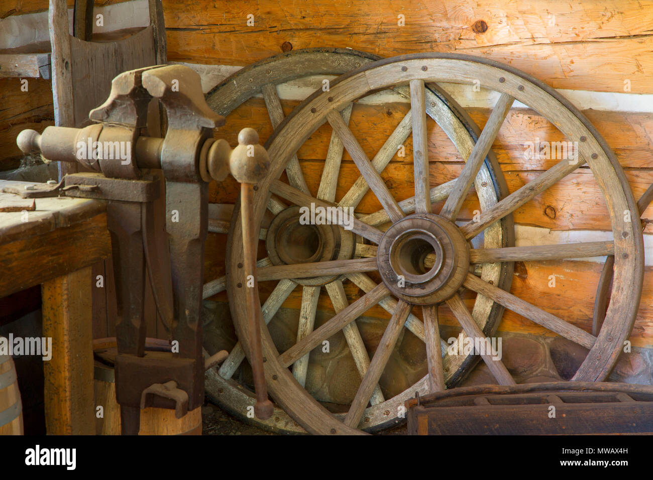 Wagen Räder in der Schmiede, Fort Wilkins Historic State Park, Michigan Stockfoto