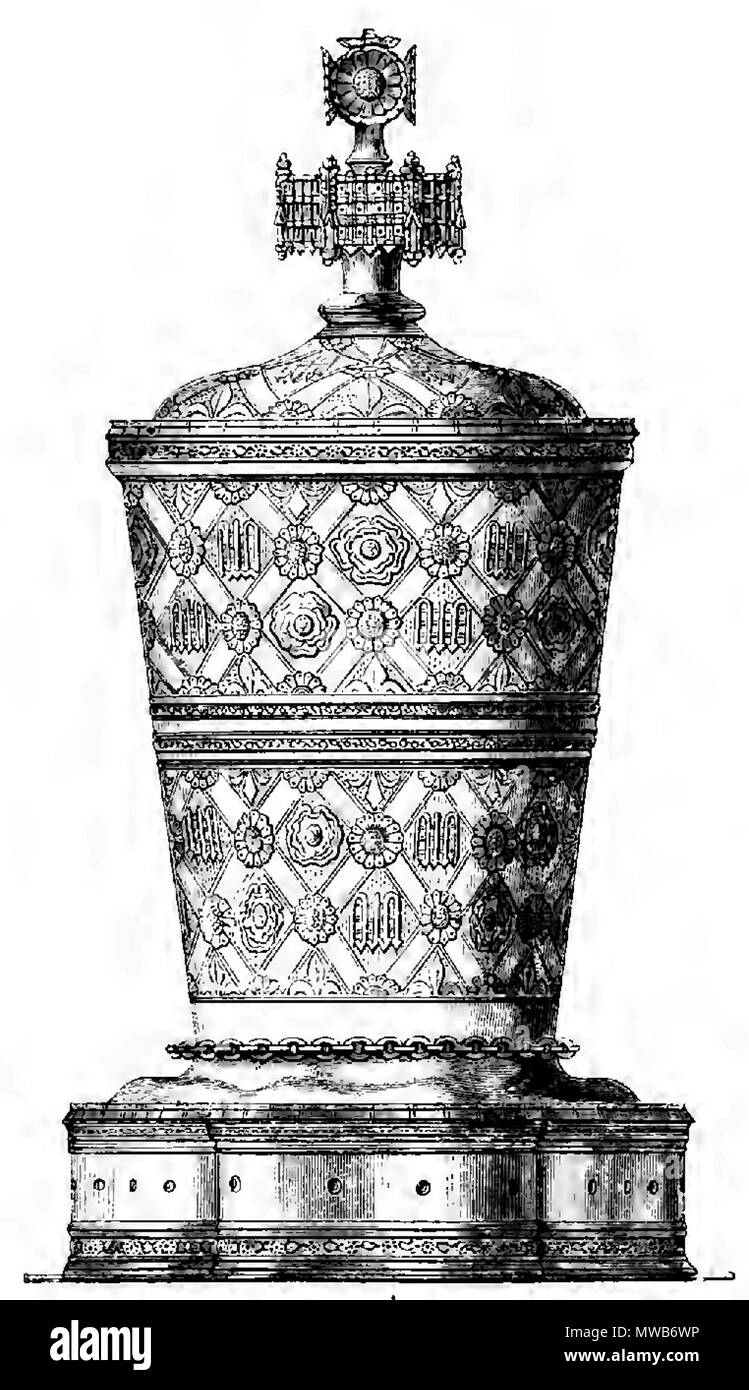 . Gravur der Gründerin Becher vermachte Christ's College in Cambridge, 1507 Von Lady Margaret Beaufort. In Silber-vergoldeten, mit ihren Armen und heraldische Emblemen der Margeriten und Rosen dekoriert. 1881. Unbekannt 213 Gründerin Becher Christ's College in Cambridge Cripps College und Corporation Platte Stockfoto