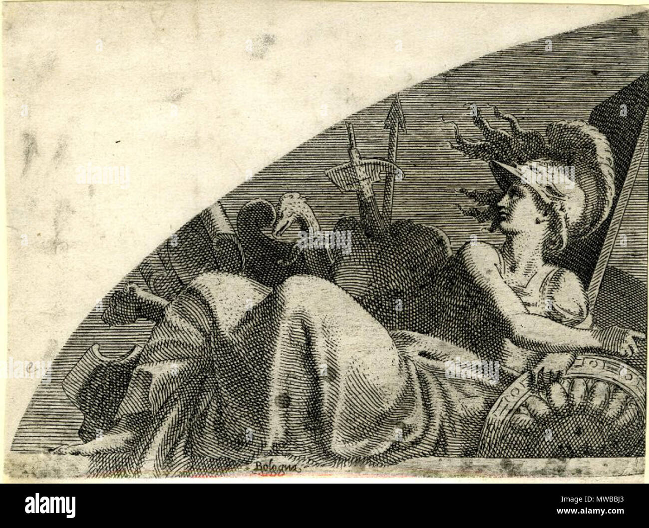 . Englisch: British Museum, Bellona, in Rüstung, lehnte sich auf Trophäen, nach links gedreht; innerhalb der semi-arch. c. 1540/45 Radierung von: Léon Davent nach: Francesco Primaticcio Höhe: 152 Millimeter (Schnitt) Breite: 210 mm Zerner 1969 LD.44 Bartsch XVI. 319.34. 1540s. Léon Davent - Französische Grafiker in der Mitte des 16. Jahrhunderts 154 Davent bm Bellona Stockfoto