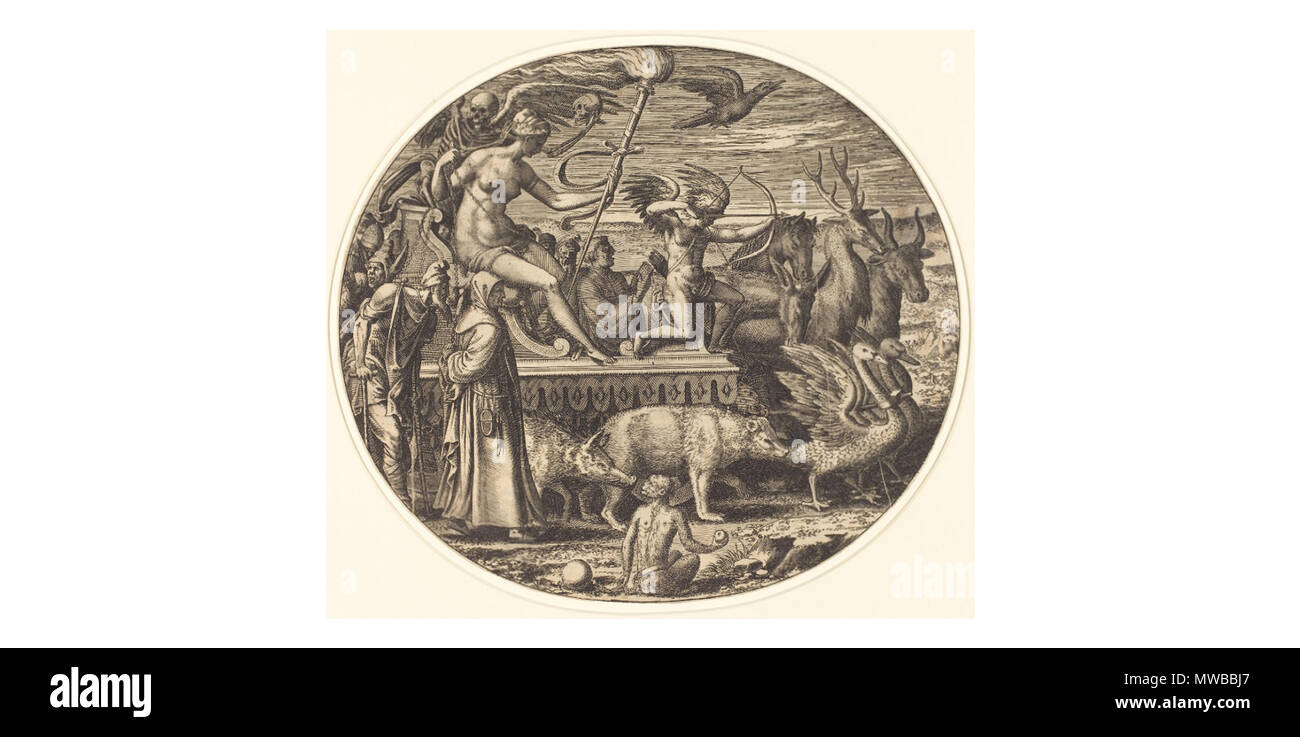 . Englisch: Triumph der Venus, Amor und Tod, Léon Davent nach Luca Penni, Lust, Ca. 1547, Radierung und Gravur auf Bütten, 11 1/2 x 10 1/4 in 29,2 × 26 cm, National Gallery, Washington. Hier finden Sie die ganze Platte. 1540s. Léon Davent - Französische Grafiker in der Mitte des 16. Jahrhunderts 154 Davent dc Stockfoto