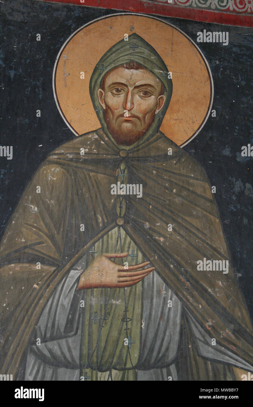 . Македонски: Фрески Црквата во "Св. "Лесновскиот архангел Михаил Манастир во Лесново прилепско пробиштипско, Englisch: Fresken in der Kirche des Erzengels St. Michael in Lesnovo, Mazedonien Русский: Фресок Лесновского монастыря Македония. 14. Jahrhundert AD. Unbekannt 226 Fresken aus der der Erzengel Michael Kirche von Lesnovo 0115 Stockfoto