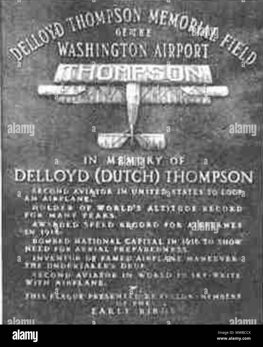 . Gedenktafel DeLloyd Thompson. Plakette erstellt 1949. Plakette durch frühe Vögel der Luftfahrt 157 DeLloyd Thompson Plakette an der Washington County Airport 1949 erstellt Stockfoto