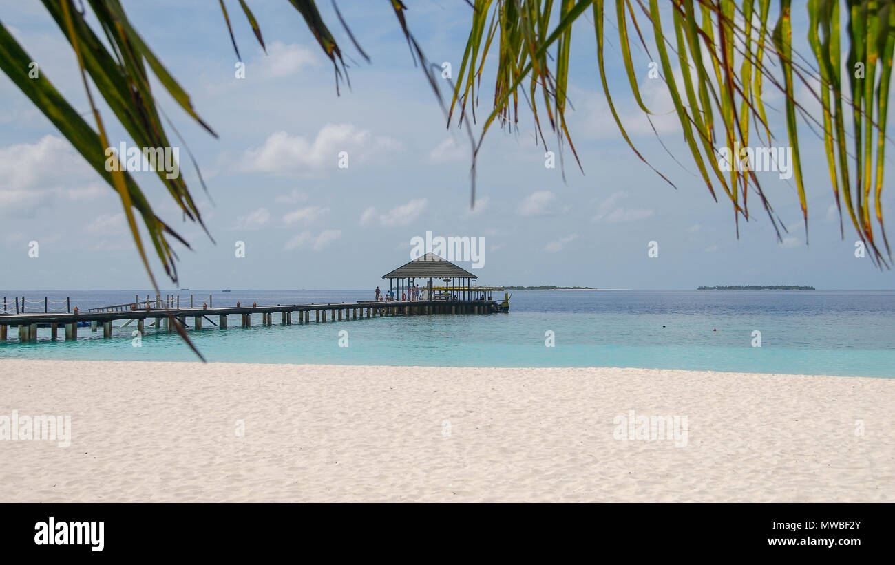 Blick auf den Malediven seaplaned der Maldivian Air Taxi Fluggesellschaft aus Männlichen, Blick auf die Landungsbrücken, Piers und Hütten auf Meedhapparu Island Resort, Malediven, In Stockfoto