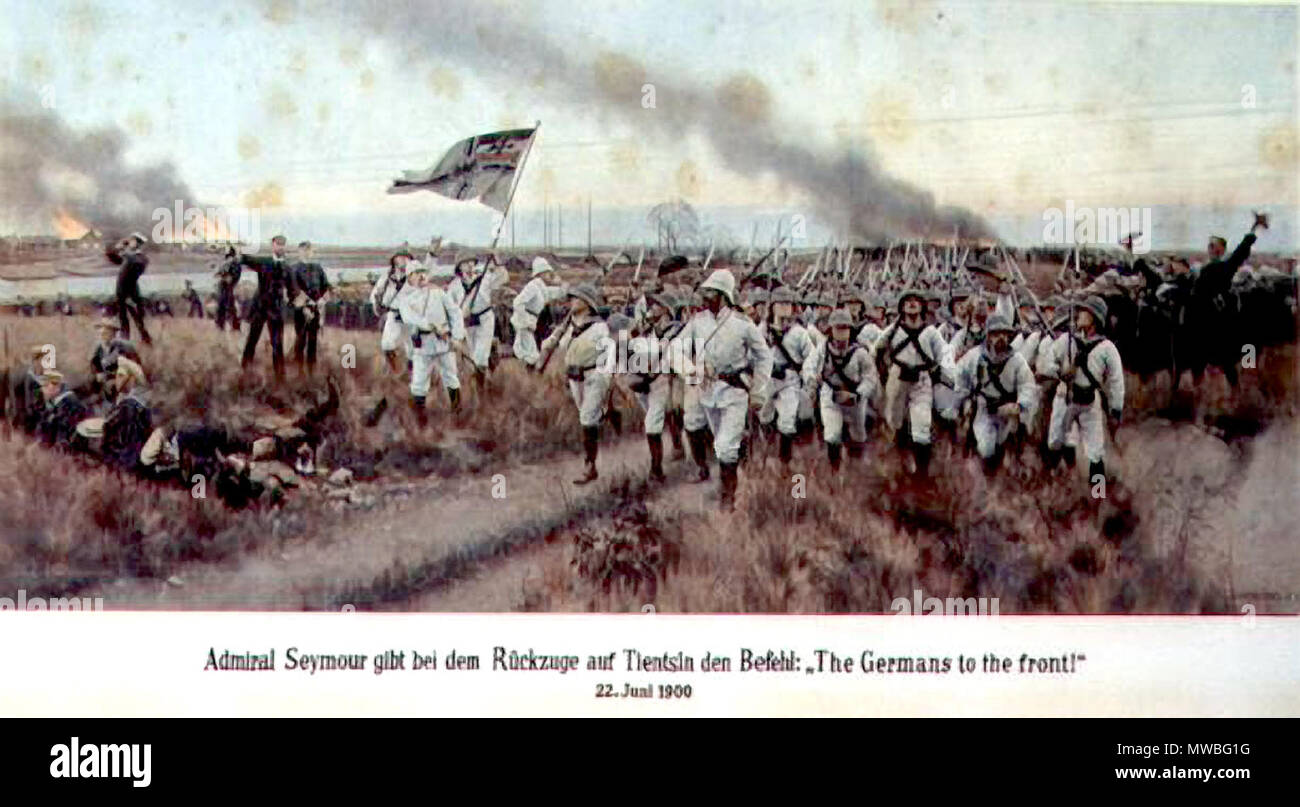 . English: Zeitgen. Aufnäher zum Boxeraufstand. Mehrfarbiger Lichtdruck / 1963 / von C. Röchling. Bildgröße: 24 x 50 cm. Blattgröße: Ca. 45 x 67 cm. Admiral Seymour is also bei dem Rückzuge in Tientsin, den Befehl: "Die Deutschen an der Front!" 22. Juni 1900 'Die Seymour-Expedition befand sich derweil mit dem Rückzug nach Tientsin und lief am Samstag kam, aufgerieben zu werden. Zahl der Verluste Krieg hoch Sterben. In of this und alliierten Soldaten seit langem machen kritischen Situation ist es am 22. Juni 1900 der Erstürmung des Arsenale zu der in Deutschland als Äußerung mythisierten Stockfoto