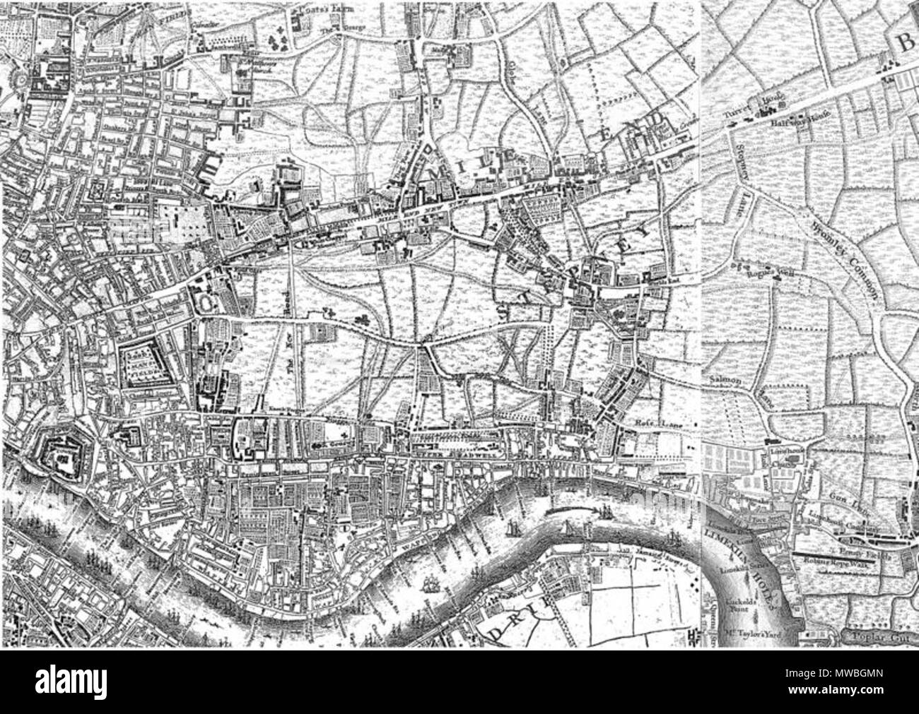 . 1745 Roque historische Karte des East End. Diese Datei fehlt, Informationen zum Autor. 176 East End 1745 Roque Karte Stockfoto