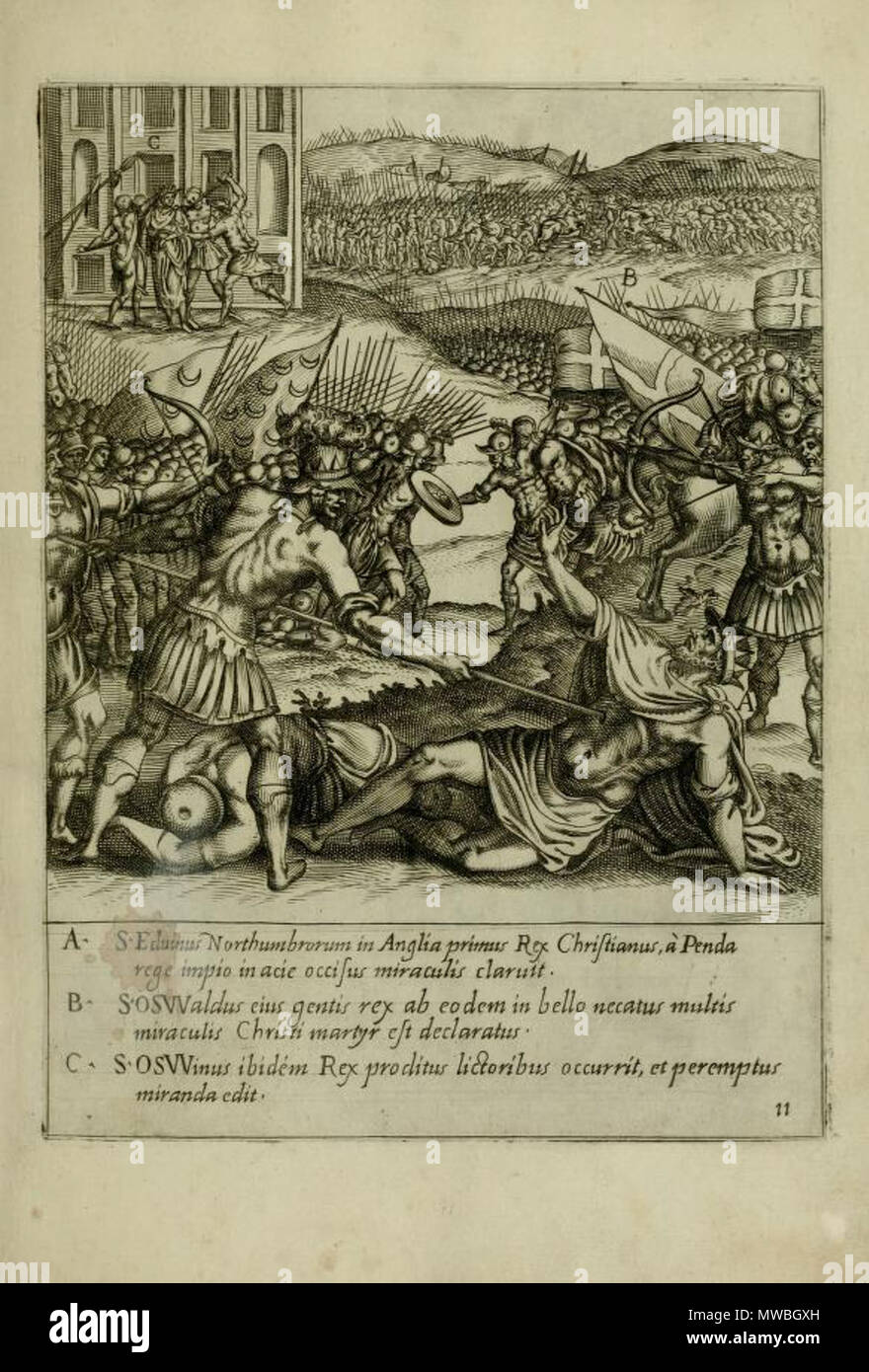 . Englisch: Platte 11 von Ecclesiae Anglicanae Trophae, eine Sammlung von Stichen von Giovanni Battista de' Cavalieri nach Wandbilder von Nicolò Circignano in der Kapelle des Ehrwürdigen englischen College, Rom. Es zeigt die ersten christlichen Könige von Northumbria: Edwin, Oswald und Oswine. 1584. Giovanni Battista de' Cavalieri, nachdem Niccolo Circignani 176 Ecclesiae Anglicanae Trophae - Platte 11. Stockfoto