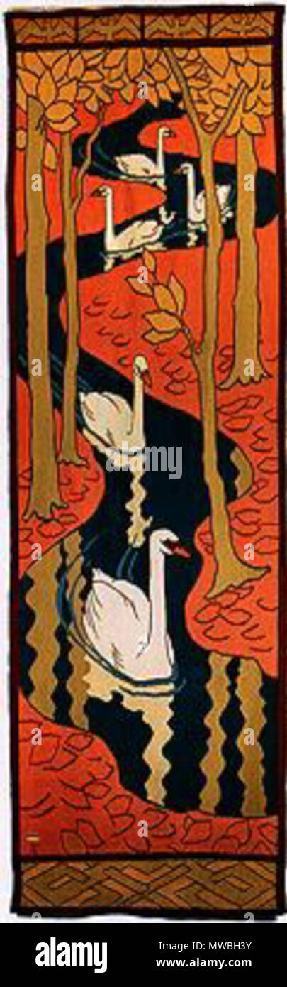 . Englisch: Fünf Schwäne, gewebter Wolle, 26,4 x 76 cm (9 3/8 x 29 7/8), dänische Museum für dekorative Kunst, Kopenhagen; das gleiche Wandteppich ist z.b. auch in der Stadt Museum Flensburg Polski: Pięć wełny makata łabędzi, z, 26,4 x 76 cm, Kunstindustrimuseet, Kopenhaga zu finden. 1897. Design: Otto Eckmann (1868-1902) 176 Eckmann Otto, 5 Schwäne Stockfoto