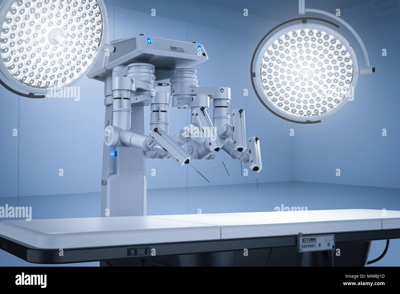 3D-rendering Chirurgie Zimmer mit roboterchirurgie Maschine Stockfoto