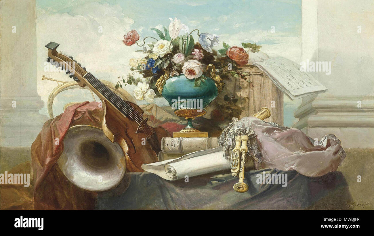 . Eine Geige, Dudelsack, die Trommel, ein Musik, und eine Ormolu-Mounted Vase mit Rosen und anderen Blumen auf einem Felsvorsprung drapiert. Eine Geige, Dudelsack, die Trommel, ein Ergebnis aus Musik, und ein goldblech-Vase mit Rosen und anderen Blumen auf einem Felsvorsprung drapiert. 1862 248 Godefroy Violine und andere Instrumente 1862 Stockfoto