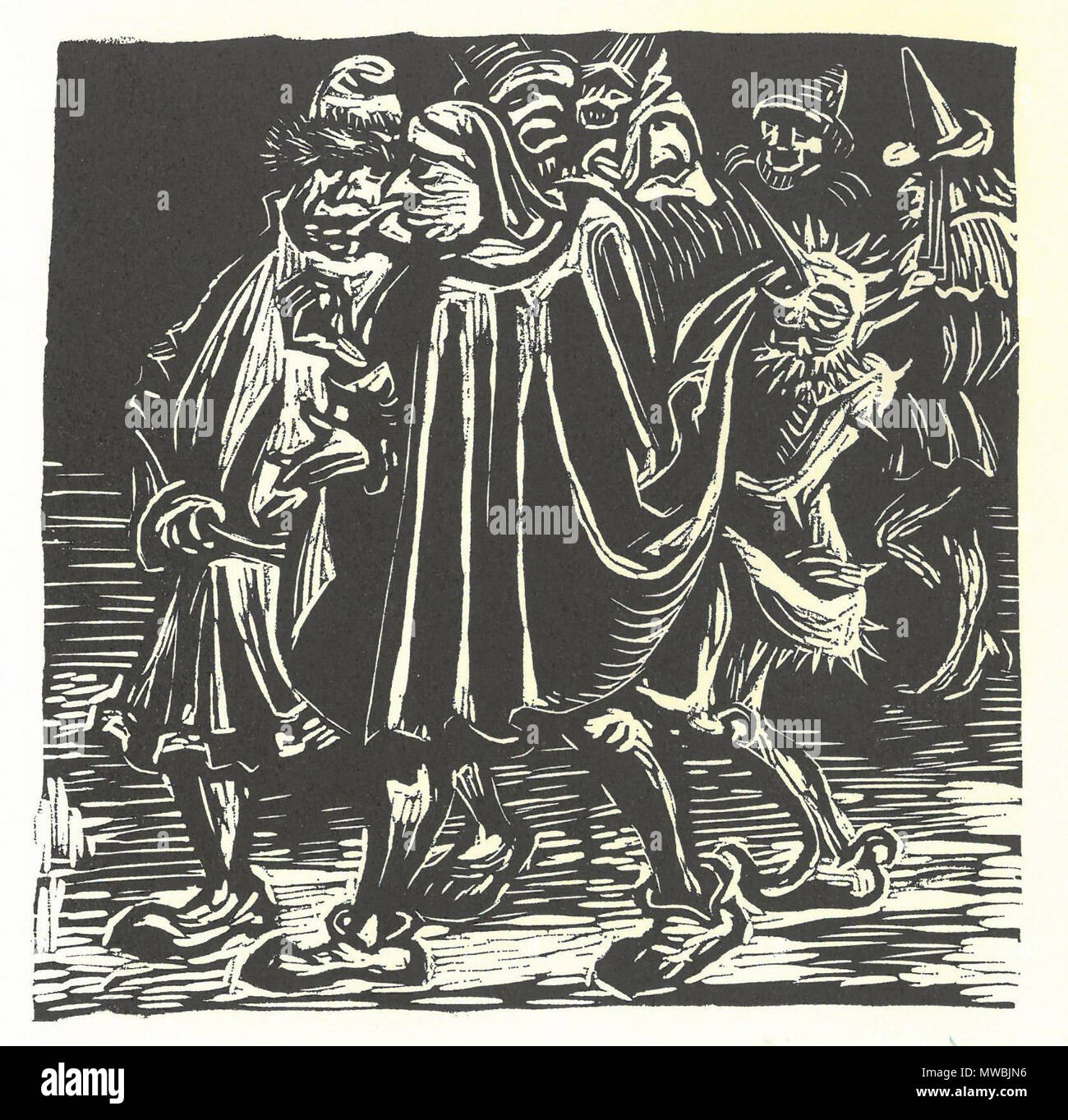 . Deutsch: 18. Holzschnitt aus dem Buch 'Walpurgisnacht' mit Holzschnitten von Ernst Barlach / Dm Text aus Goethes Faust I. 1922/23. Ernst Barlach (1870 - 1938) 248 Goethe, Barlach, Walpurgisnacht, der Proktophantasmist und anderes Gelichter Stockfoto