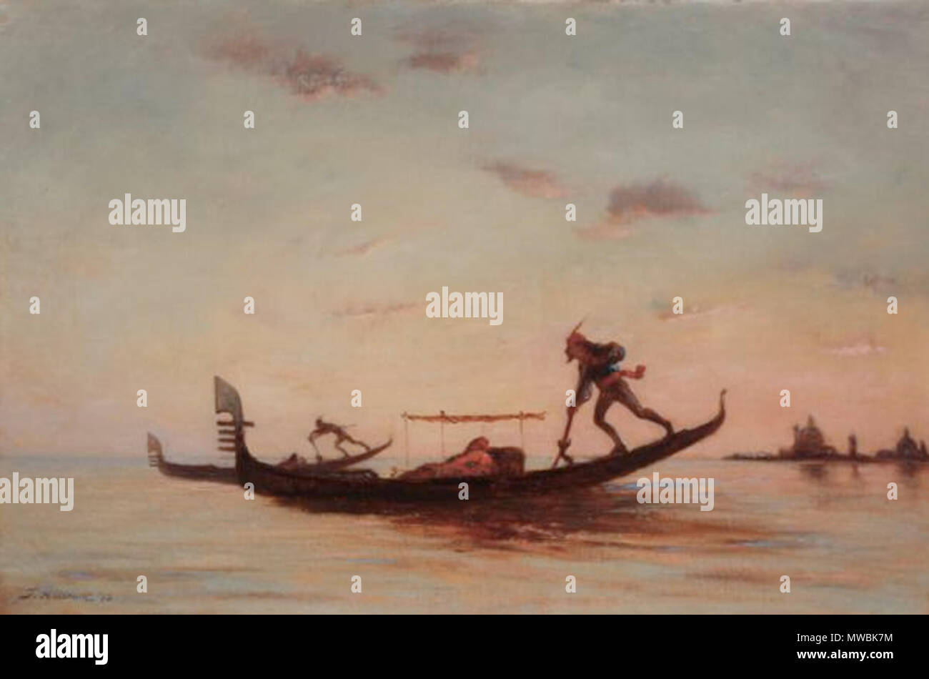 . Artist: Smith, Frank Hill. Amerikanische (1842-1904) Titel: Gondolieri, Venedig Medien: Öl auf Leinwand. Abmessungen: 17 x 25 cm. 'Description: Signiert und datiert unten Links: 'F Hillsmith '73'. Etikett auf Frame verso: 'Subject Venedig/Inhaber Frau John L. Gardner jr./Datum des Darlehens April 26, '80/152 Beacon St'. Auch mit Etikett verso: "Nein. 21". ... Ex-Sammlung Isabella Stuart Gardner. Ausgestellt: Museum der Bildenden Künste, Boston, circa 1880.' -- Childs Galerie. ca. 1873. Smith 249 Gondolieri Venedig Ca 1873 byFrankHillSmith Stockfoto