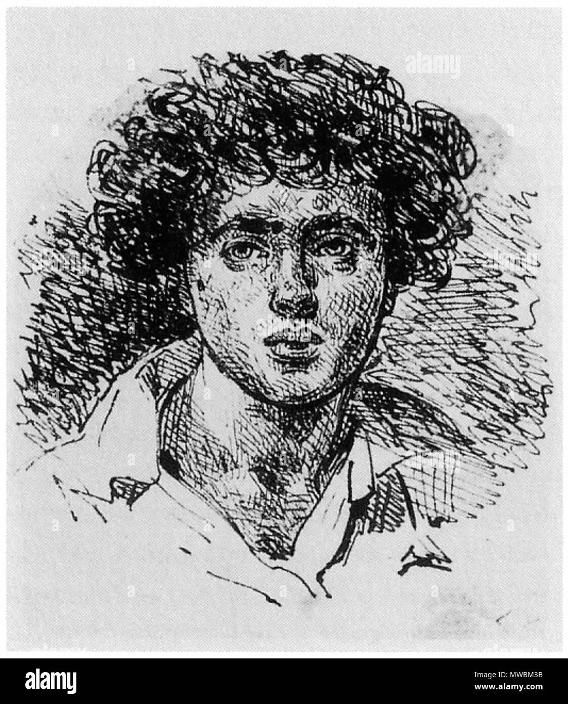 . Englisch: Self-portrait des französischen Künstlers J.J.Grandville, Feder und Tinte Zeichnung. English: Selbstporträt des französischen Künstlers J.J.Grandville, Federzeichnung. ca. 1820-22. J.J.Grandville 252 Grandville, Selbstportrait, um 1820-22, K36 Stockfoto