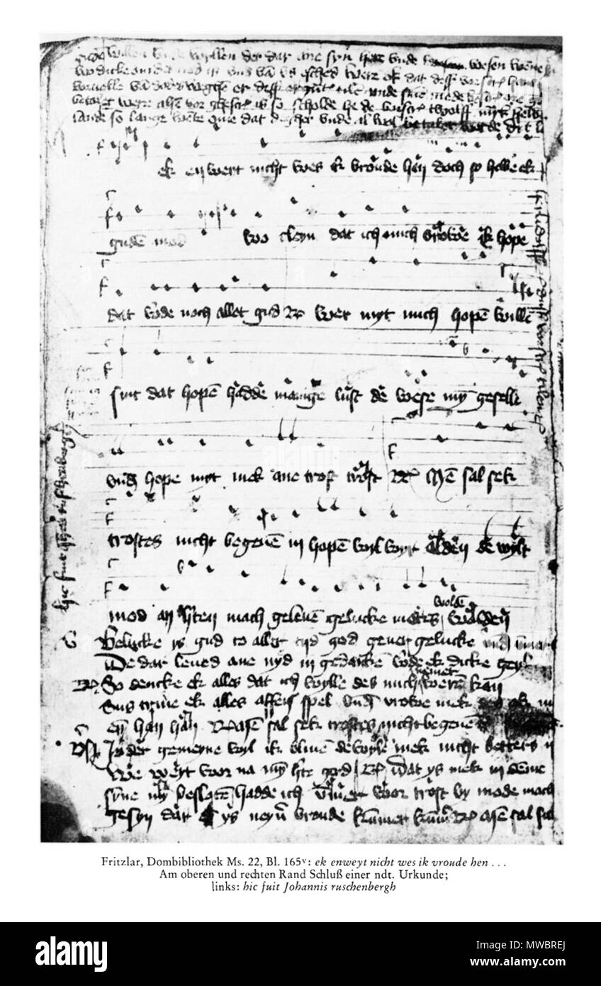 . Fritzlar, Dombibliothek, Frau 22, Bl. 172 v [früher 165v] = Weltliches Lied, 3 Strophen mit Refrain ('Virelai-Ballade'), English. ca. 1440. Diese Datei fehlt, Informationen zum Autor. 229 Fritzlar 22. Stockfoto