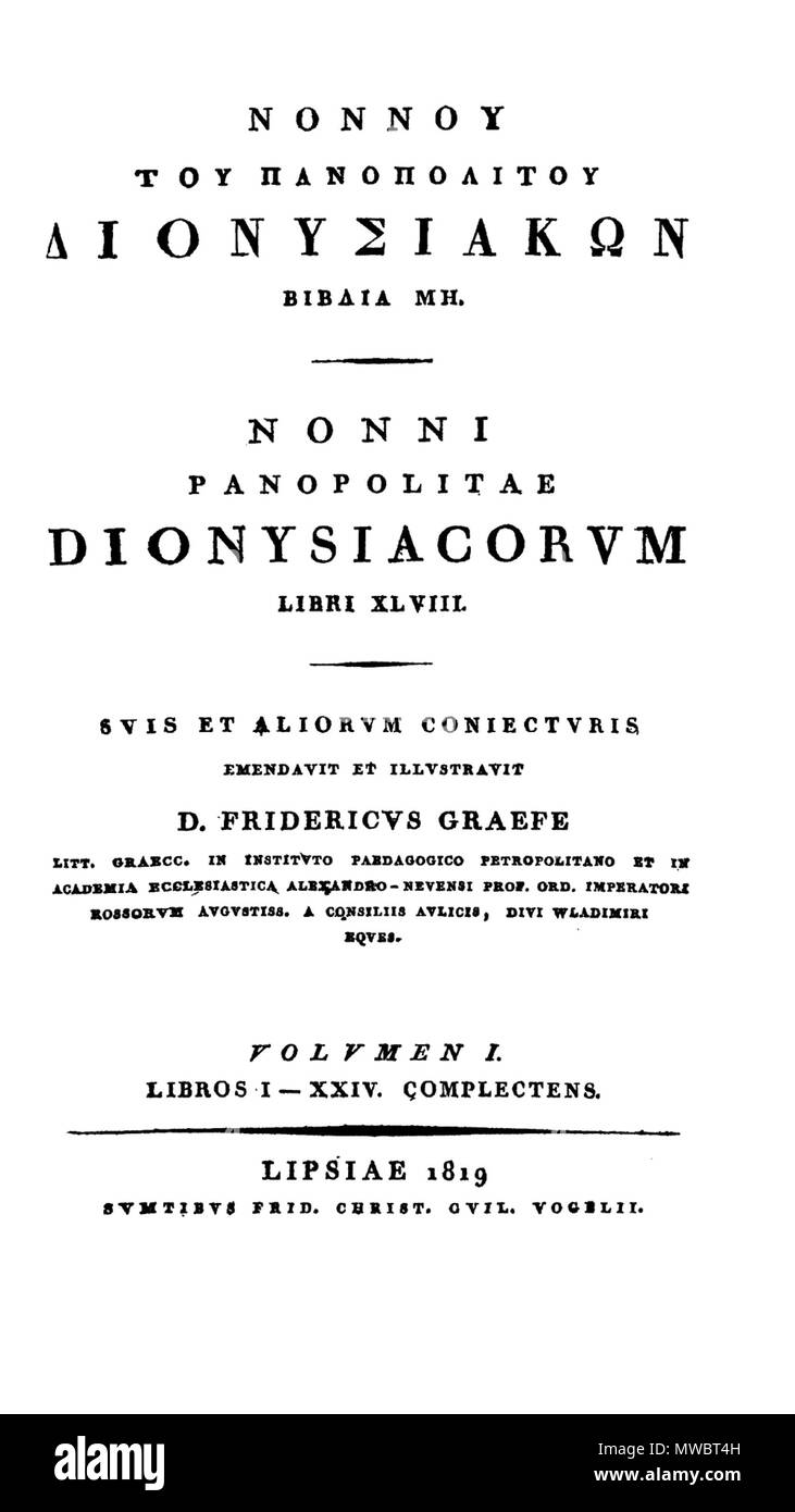 . Englisch: Erste Seite, Ausgabe 1819. 5. Jahrhundert. Nonnos Panopolis 164 Dionysiaka Stockfoto