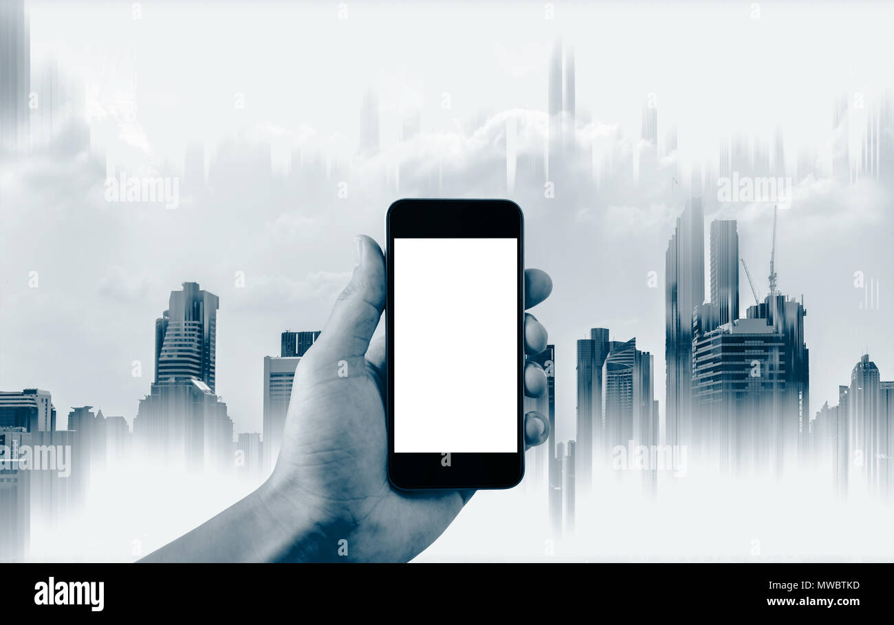 Hand, Smart Phone, Leerer weißer Bildschirm Stockfoto