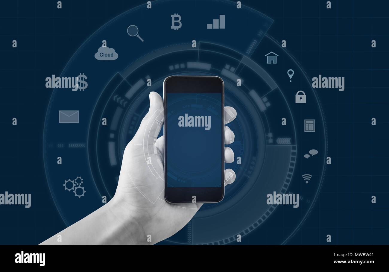 Hand, smart phone und Anwendungssymbole Hintergrund Stockfoto