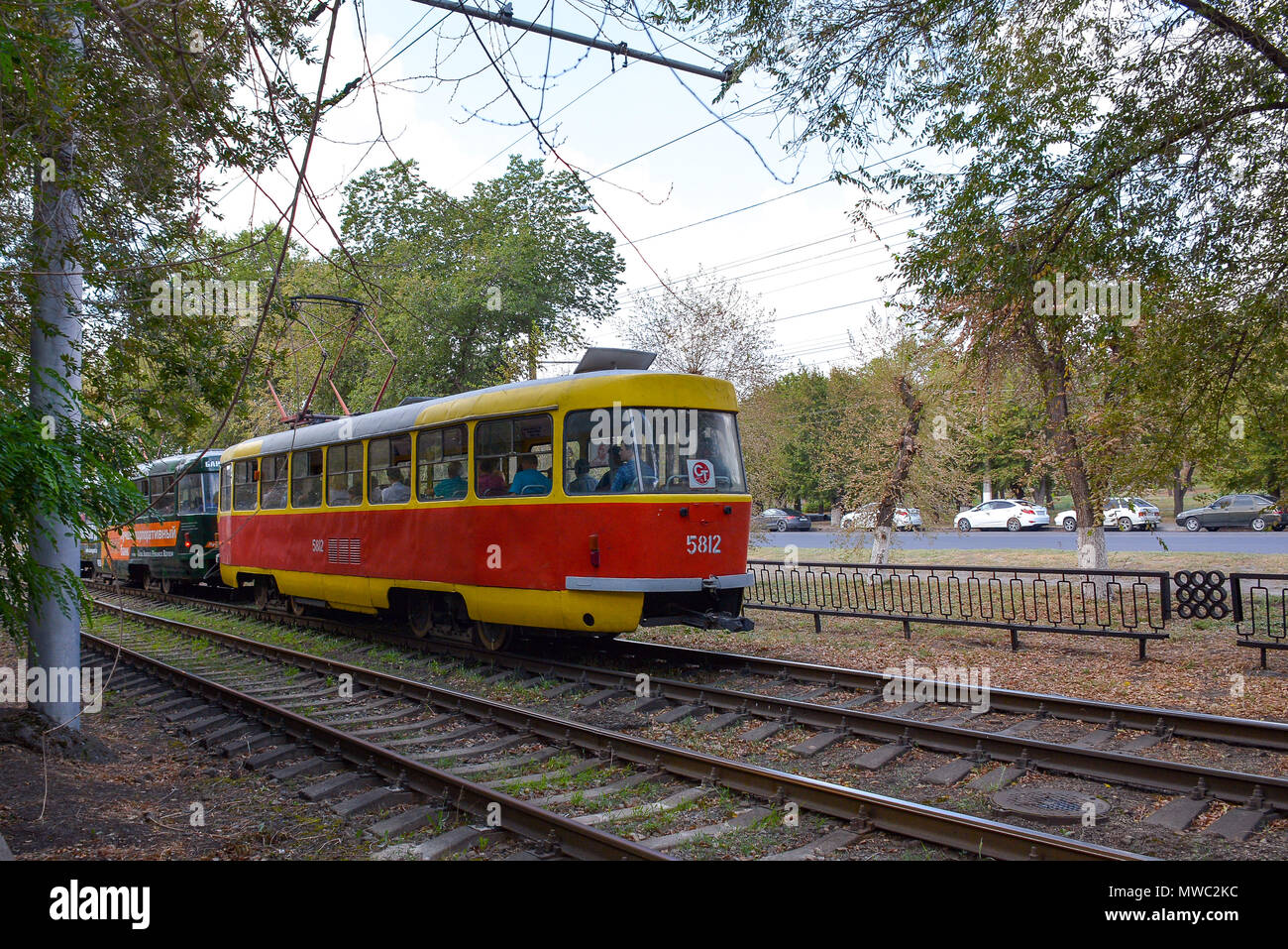 Russland, Wolgograd, 12. Mai 2018. Stadt verkehr, Straßenbahn Stockfoto
