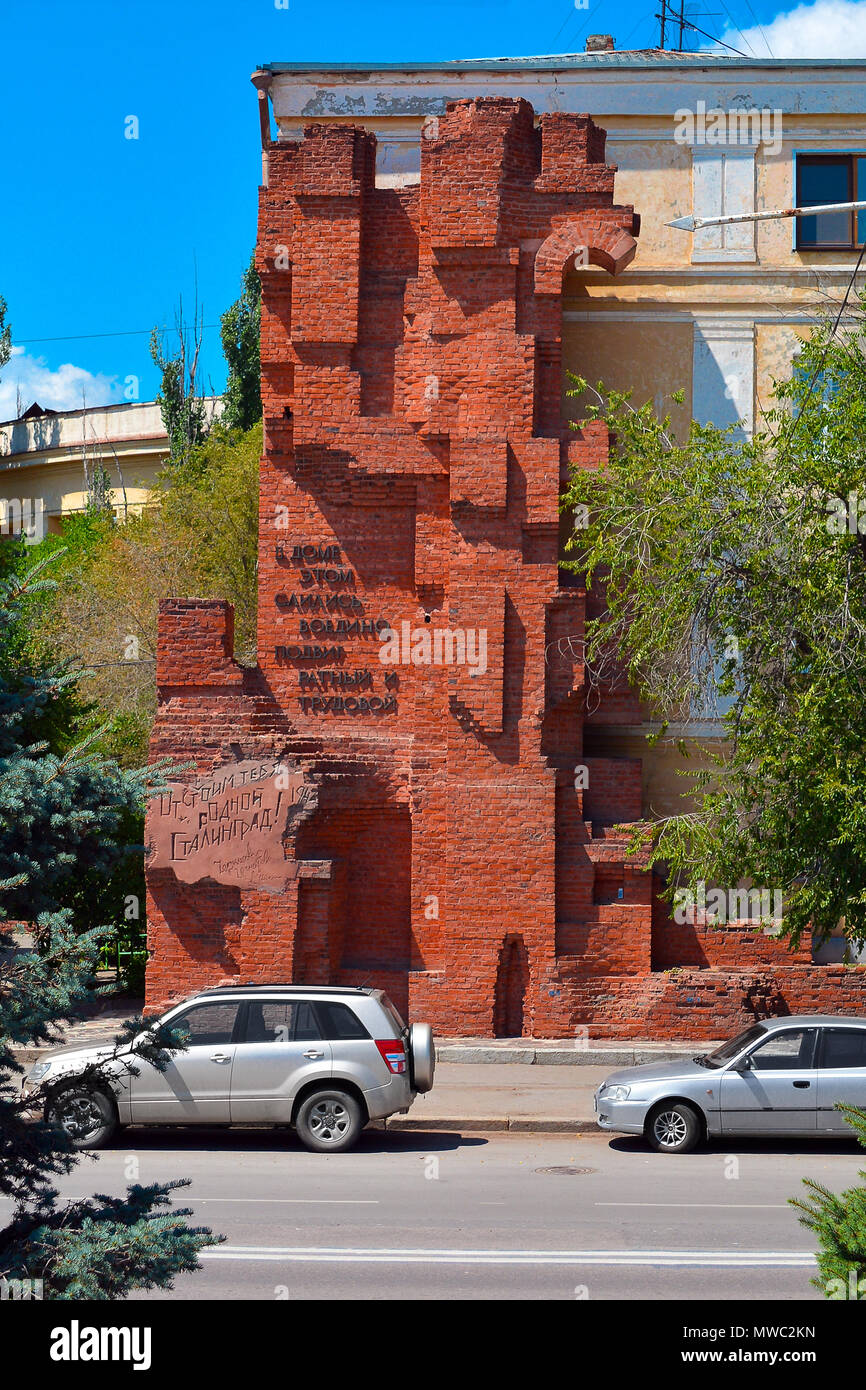 Russland, Wolgograd, 17. Mai 2018. Überreste der berühmten Haus von Pavlov, Verteidiger von Stalingrad Stockfoto