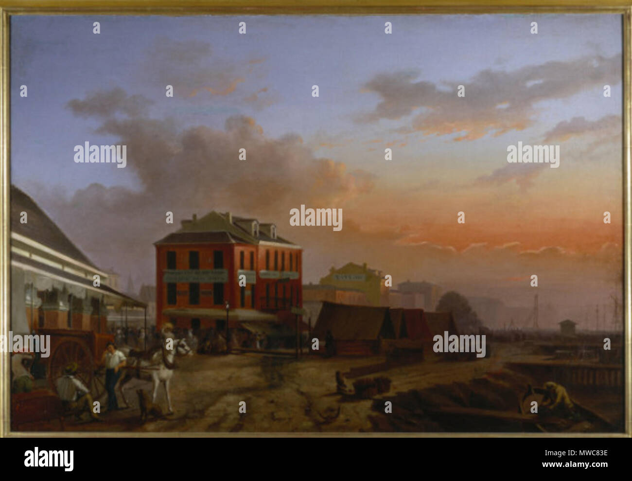 . New Orleans in den 1840er Jahren. Gemälde der Darstellung Mississippi Riverfront auf dem französischen Markt komplex in Richtung der Roten speichert Gebäude. c Anfang 1840 s 221 französischen Markt Red Store Grandjean Develle Stockfoto