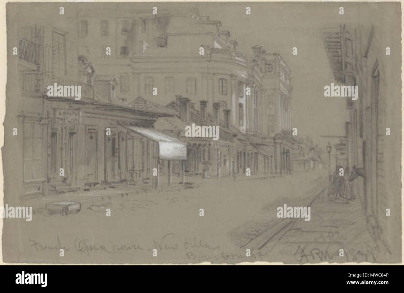 . Bourbon Street, New Orleans, Blick auf die 400 und 500 Blöcke auf der Suche flussabwärts zu der französischen Oper, Skizze von A.R.Waud, 1871. 1871. Alfred Rudolph Waud, 1828-1891 221 FrenchOperaHouseSketchARWaud Stockfoto