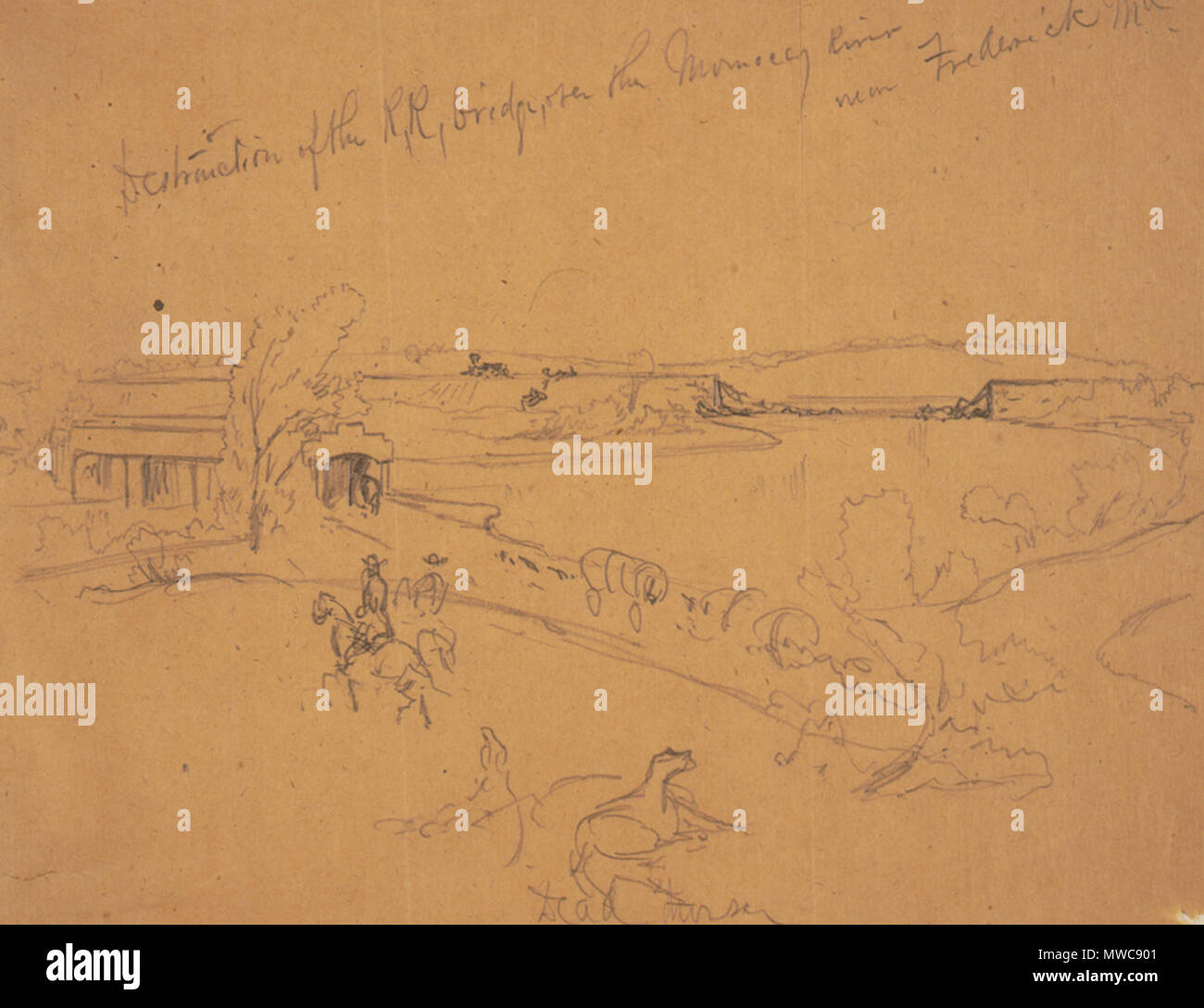 . Zerstörung der R.R. Brücke, über die monocacy River in der Nähe von Frederick, MD. ZUSAMMENFASSUNG: Szene zeigt Schäden durch die Konföderierten raid verursacht. Vom 9. Juli 1864. Alfred R. Waud, 1828-1891, Künstler. 160 Zerstörung des RR-Brücke, Monocacy, 1864 Stockfoto