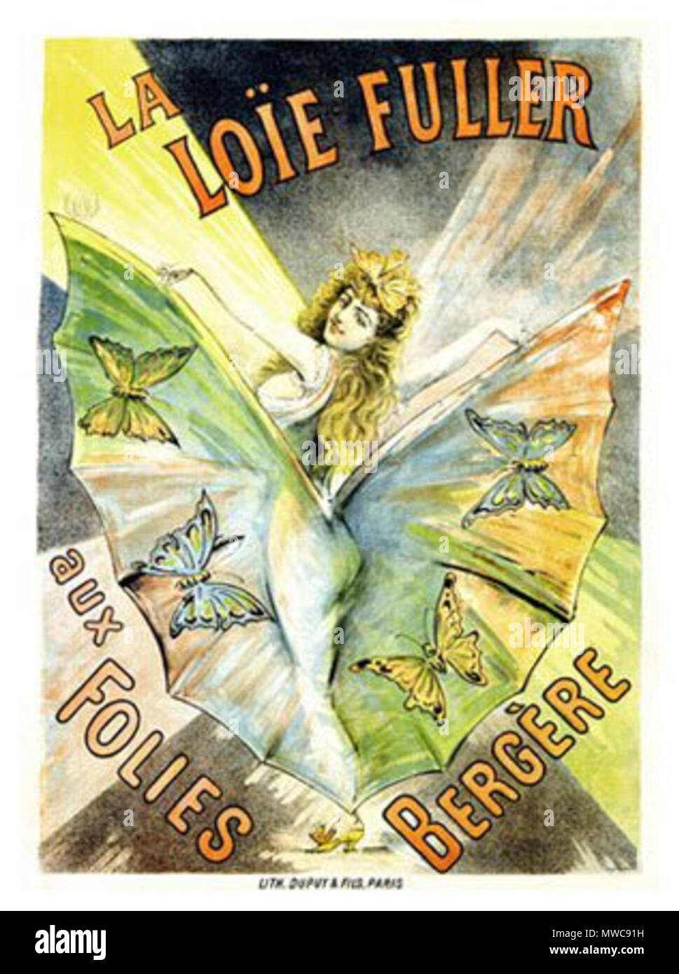 . Plakat für Loïe Fuller im Folies Bergère. Das Poster würde Datum aus dem späten 19. Jahrhundert. Diese Datei fehlt, Informationen zum Autor. 231 Loie Fuller Folies Bergere, 01. Stockfoto