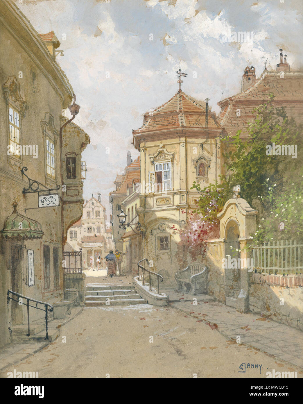 . Deutsch: kleines Stadtpalais, Blick in einen Platz. Von 1935. Georg Janny (1864-1935) Alternative Namen g. janny; Georg janny Beschreibung österreichische Maler Bühnenbild-, Landschafts- und Figurenmaler Datum der Geburt / Tod 20 Mai 1864 vom 21. Februar 1935 Ort der Geburt / Tod Wien Wien Behörde: Q 15734493 VIAF: 124241209 ULAN: 500148120 GND: 1036765520 RKD: 221475 238 Georg Janny kleines Stadtpalais Stockfoto