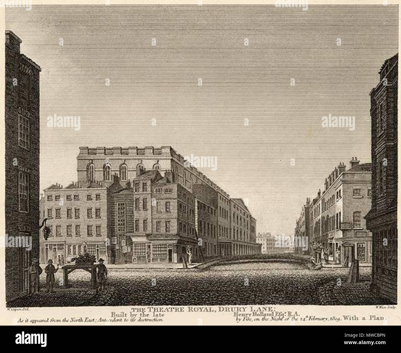 . Theatre Royal, Drury Lane, London, mit der Darstellung der Theater, wie es 1809 war, bevor es durch einen Brand zerstört wurde. 1811 171 Drury Lane außen 1809 Stockfoto