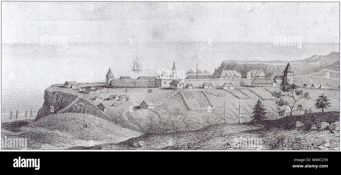 . Blick auf Fort Ross durch A. B. Duhaut-Cilly (1828). 1828. A. B. Duhaut-Cilly 172 Duhaut-Cilly - Blick auf Fort Ross (1828) Stockfoto
