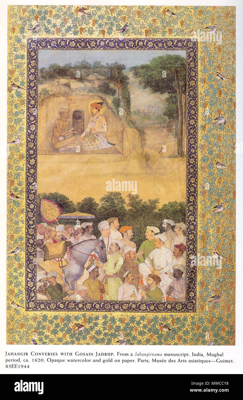 . Deutsch: "Jahangir spricht mit Gosain Jadrup", von einem jahangir-nama Manuskript, C. 1620; * eine sehr große Scan der Malerei * Quelle: Die Jahangirnama: Memoiren des Jahangir, Kaiser von Indien. Trans., Ed., und von Wheeler M. Thackston (New York: Freier/Sackler Galerien und Oxford University Press, 1999), S. 312 kommentierte; Scan von FWP, Jan. 2007 "Jahangir spricht mit Gosain Jadrup. Von einem Jahangirnama Manuskript, C. 1620. Opak Aquarell und Gold auf Papier. Paris, Musée des Arts Asiatiques - Guimet, 85 EE 1944." circa 1620. Unbekannt 305 Jahangir spricht mit Gosain Jadrup Stockfoto