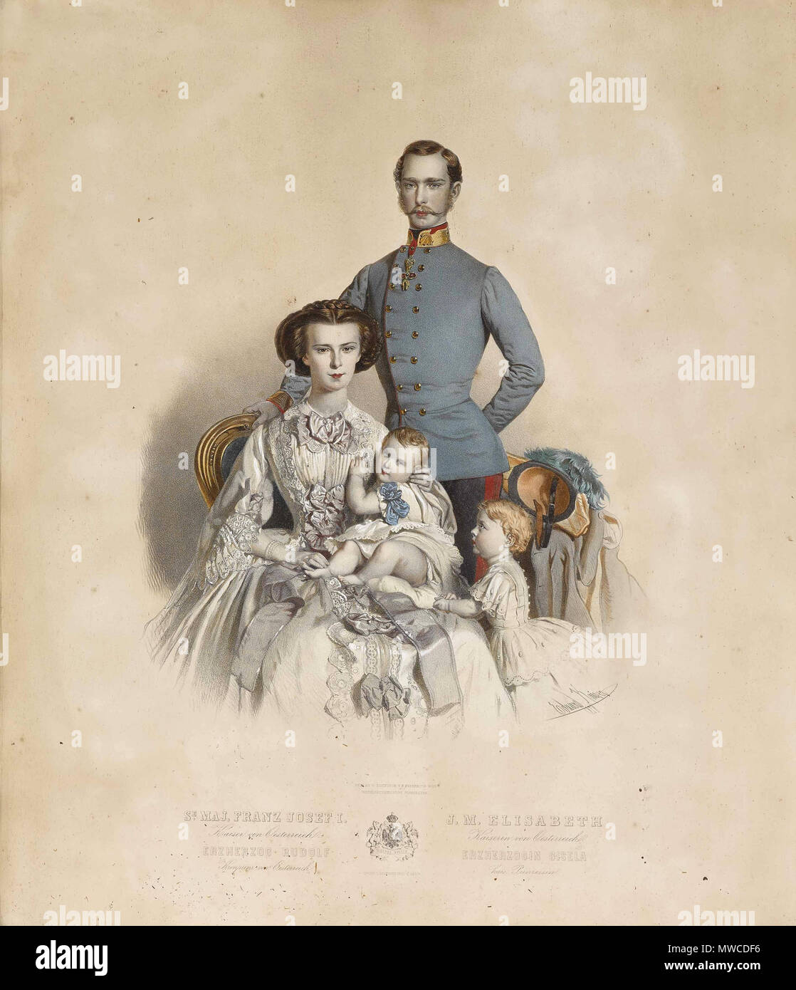 178 Eduard Kaiser - Kaiser Franz Joseph I. und Kaiserin Elisabeth von Österreich mit Stand Kindern Erzherzogin Gisela und Kronprinz Rudolf Stockfoto 178 Eduard Kaiser - Kaiser Franz Joseph I. und Kaiserin Elisabeth von Österreich mit Stand Kindern Erzherzogin Gisela und Kronprinz Rudolf Stockfoto