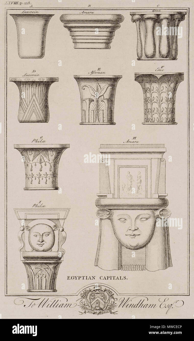 . Englisch: Richard Pococke. Eine Beschreibung des Ostens, und in einigen anderen Ländern, London, W. Bowyer, MDCCXLV (1743-1745). 1743. Richard Pococke (1704 - 1765) Beschreibung Britischer anglikanischer Priester, Ägyptologe, Reiseschriftsteller, Archäologe und Schriftsteller irischer Bischof Geburtsdatum / Tod 19. November 1704 den 25. September 1765 Ort der Geburt / Todes Southampton Ballynahinch Castle Authority control: Q 1291915 VIAF: 54245430 ISNI: 0000 0000 79755633 ULAN: 500109735 LCCN: Nr: 11768757 91021516 GND X WorldCat 180 ägyptischen Kapitellen - Richard Pococke - 1743 Stockfoto